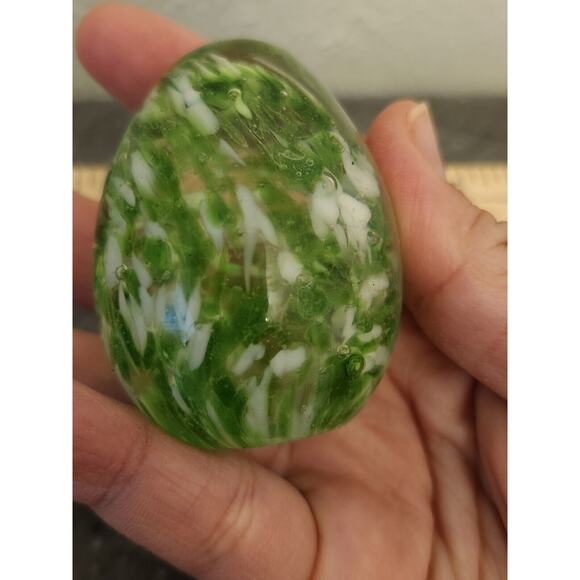 2 Hand‎ Blown Round Glass Paperweight with Yellow Orange Flowers Green Egg - Picture 12 of 13